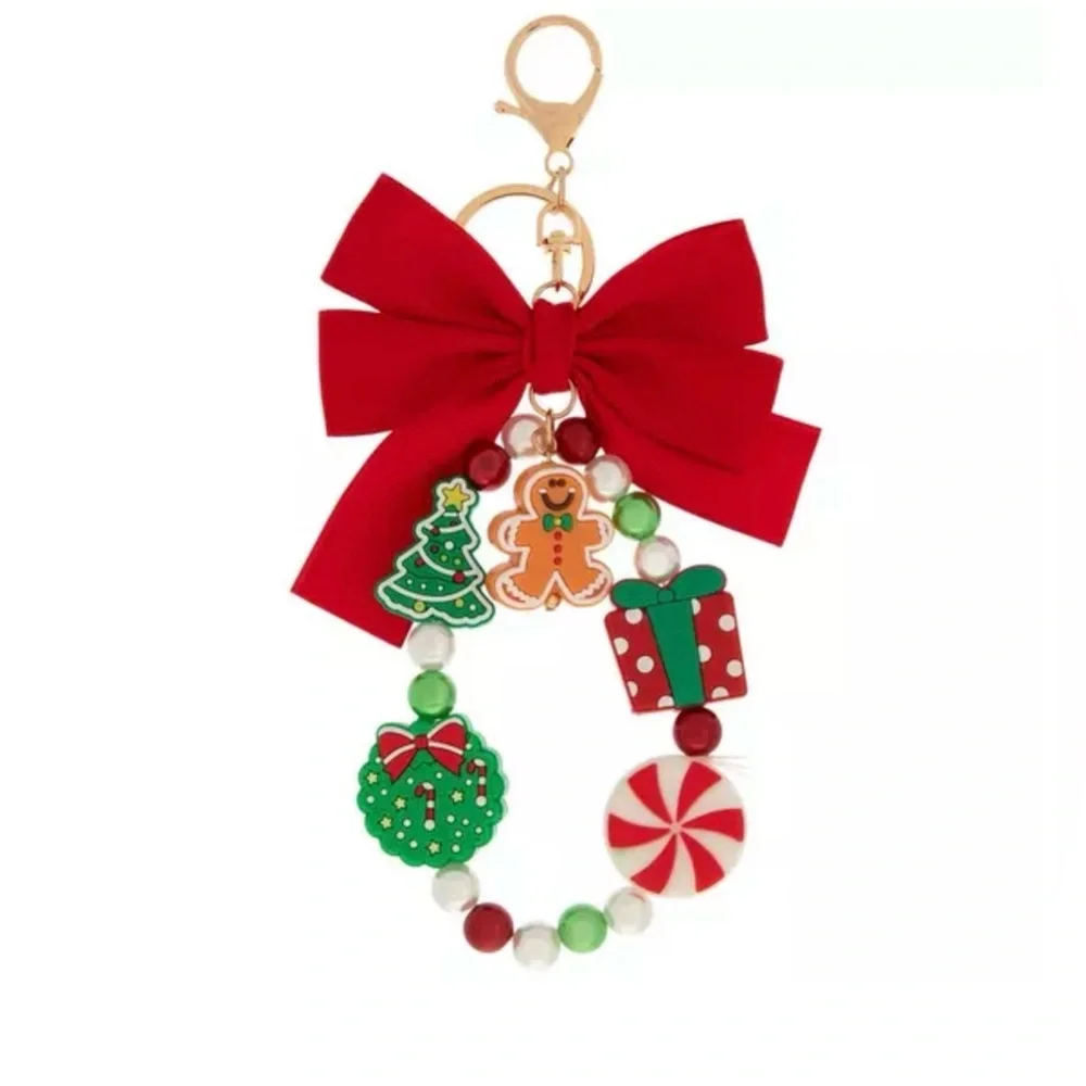 Christmas Beaded silicone Bracelet Keychain with Red Bow